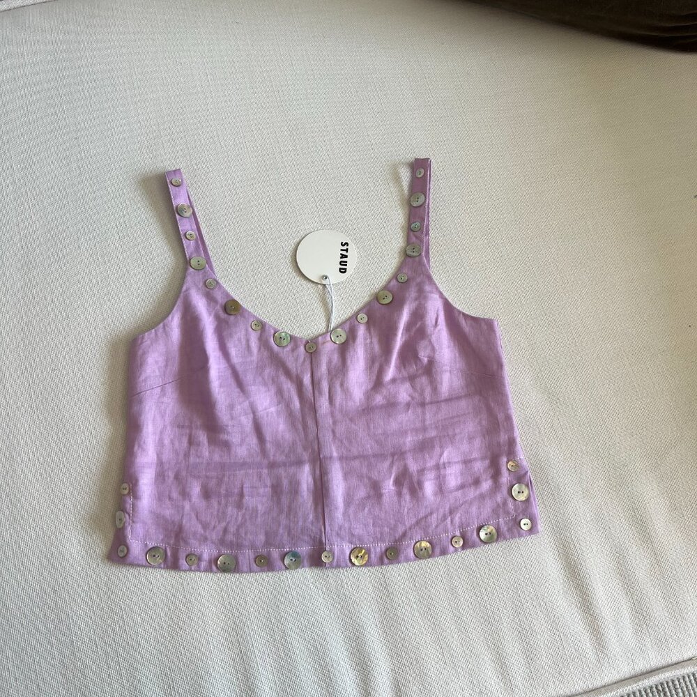 Staud Vittoria Shell Button Trim Linen Vneck Tank Sz XS NWT